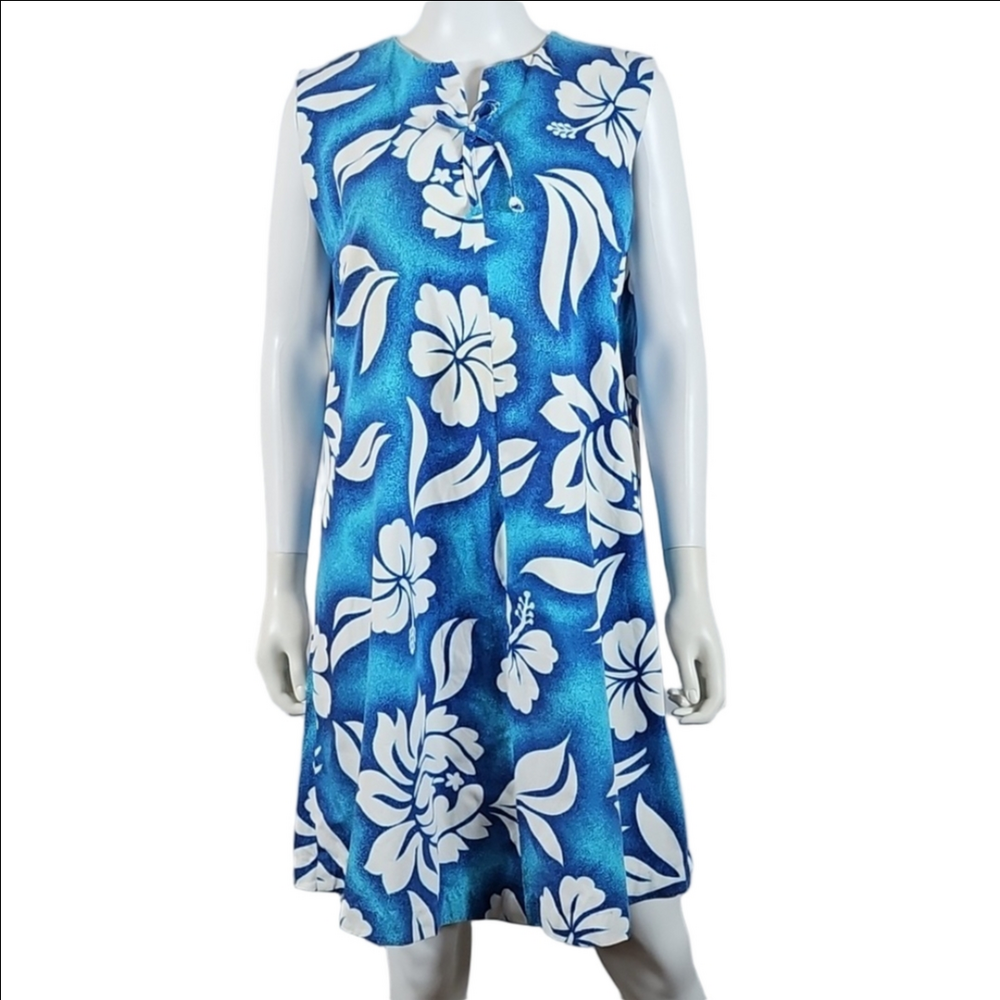 VTG 60s 70s Pomare Tahiti Aqua Blue White Hawaiian Tropical Print Shift Dress